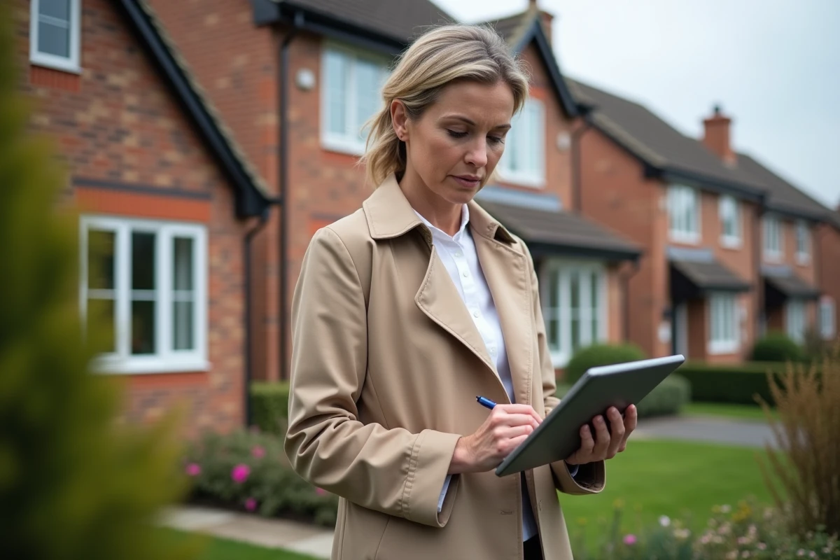 Evaluatrice immobiliere inspectant une maison en extérieur