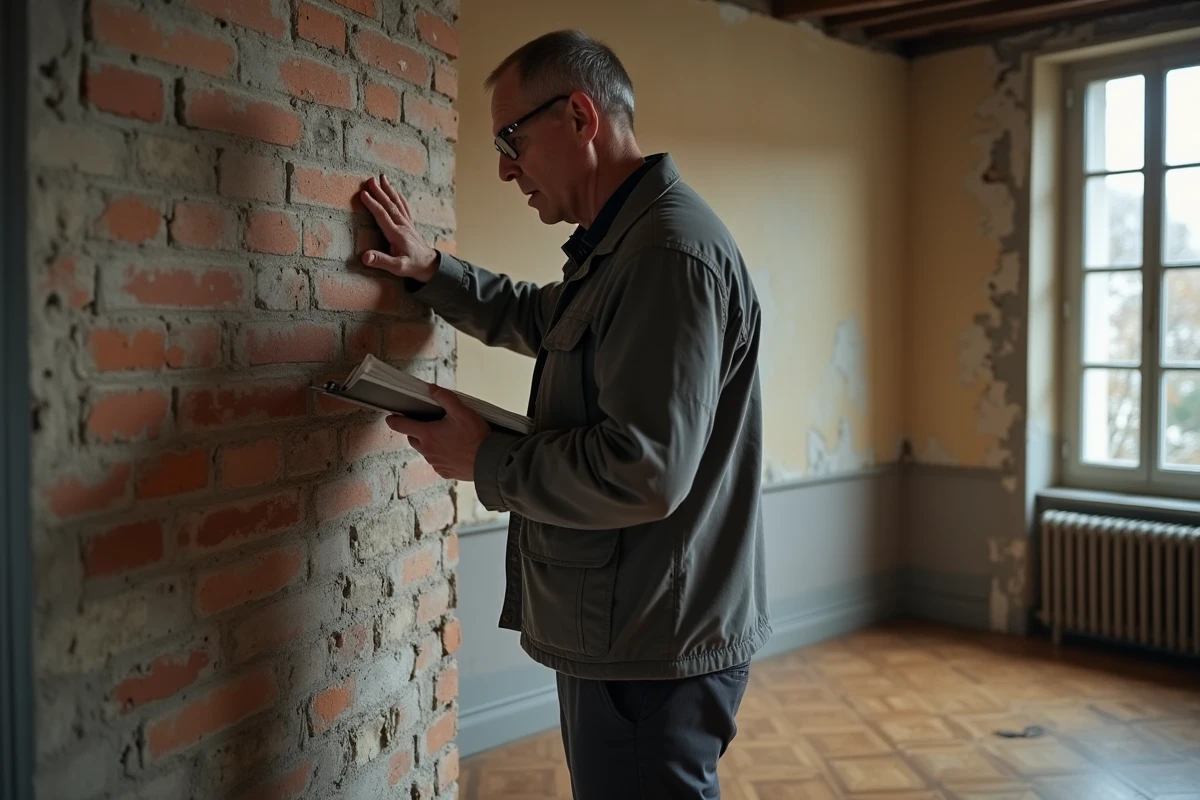 Expert immobilier inspectant un mur en mâchefer à l'intérieur d'une maison ancienne lors d'un diagnostic avant achat