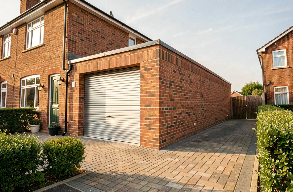 Extension garage terminée intégrée à une maison mitoyenne en brique avec porte à enroulement