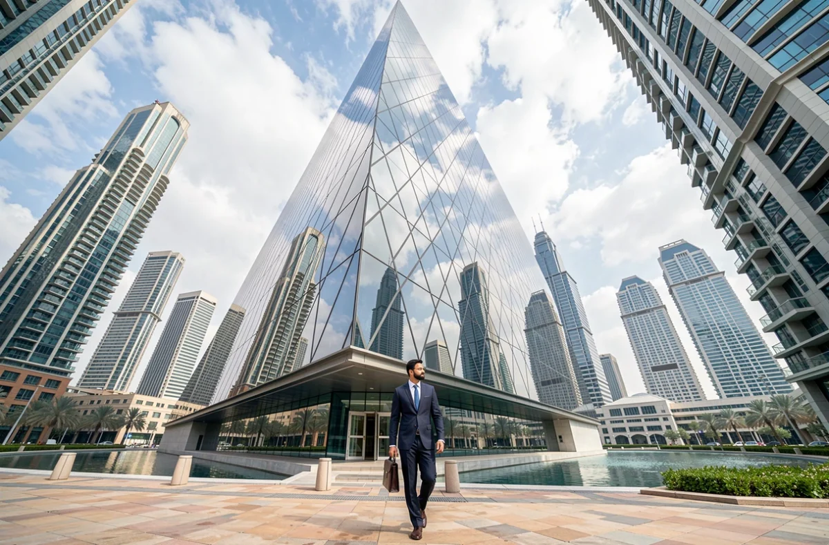 Vue extérieure de la tour Almas dans le quartier JLT Dubaï, symbole de prestige pour les freelances et entreprises en zone franche