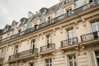 Façade haussmannienne typique à Paris avec balcons en fer forgé, fenêtres à battants et toit mansardé en zinc