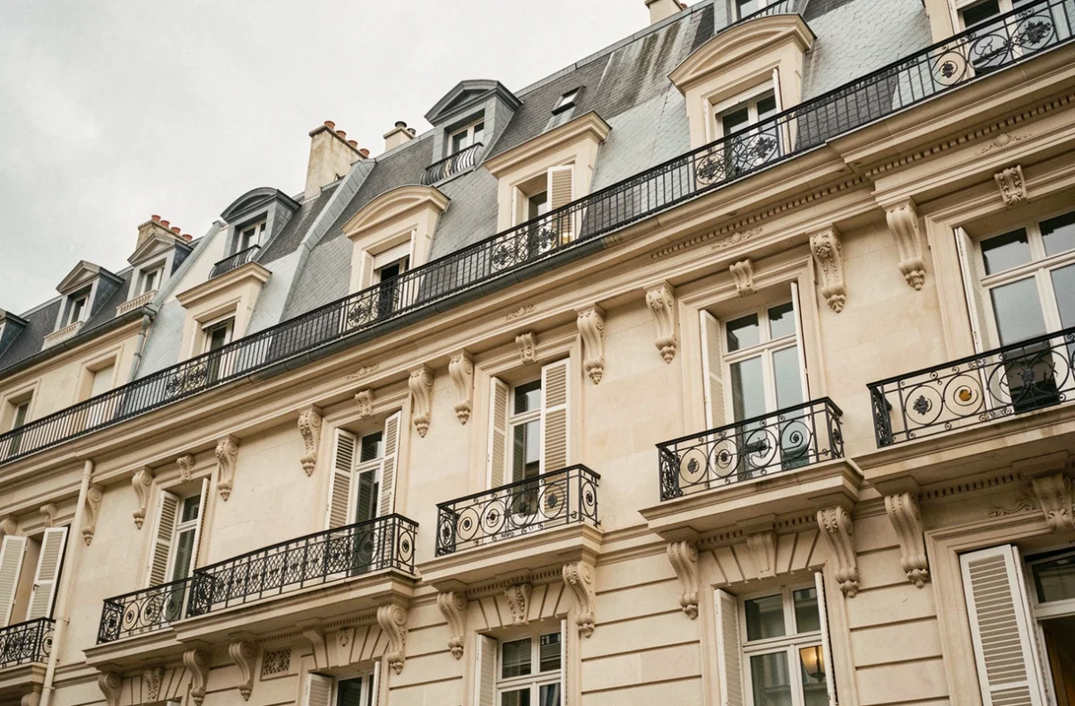 Façade haussmannienne typique à Paris avec balcons en fer forgé, fenêtres à battants et toit mansardé en zinc