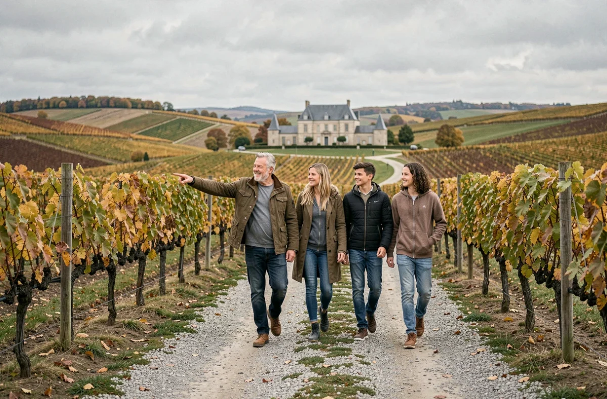 Famille en visite sur un domaine viticole bordelais à vendre, marchant entre les rangées de vignes en automne avec un manoir en arrière-plan