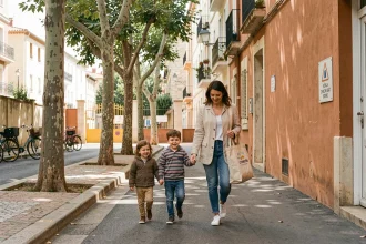 Mère de famille avec ses enfants devant une école de Marseille dans un quartier résidentiel animé