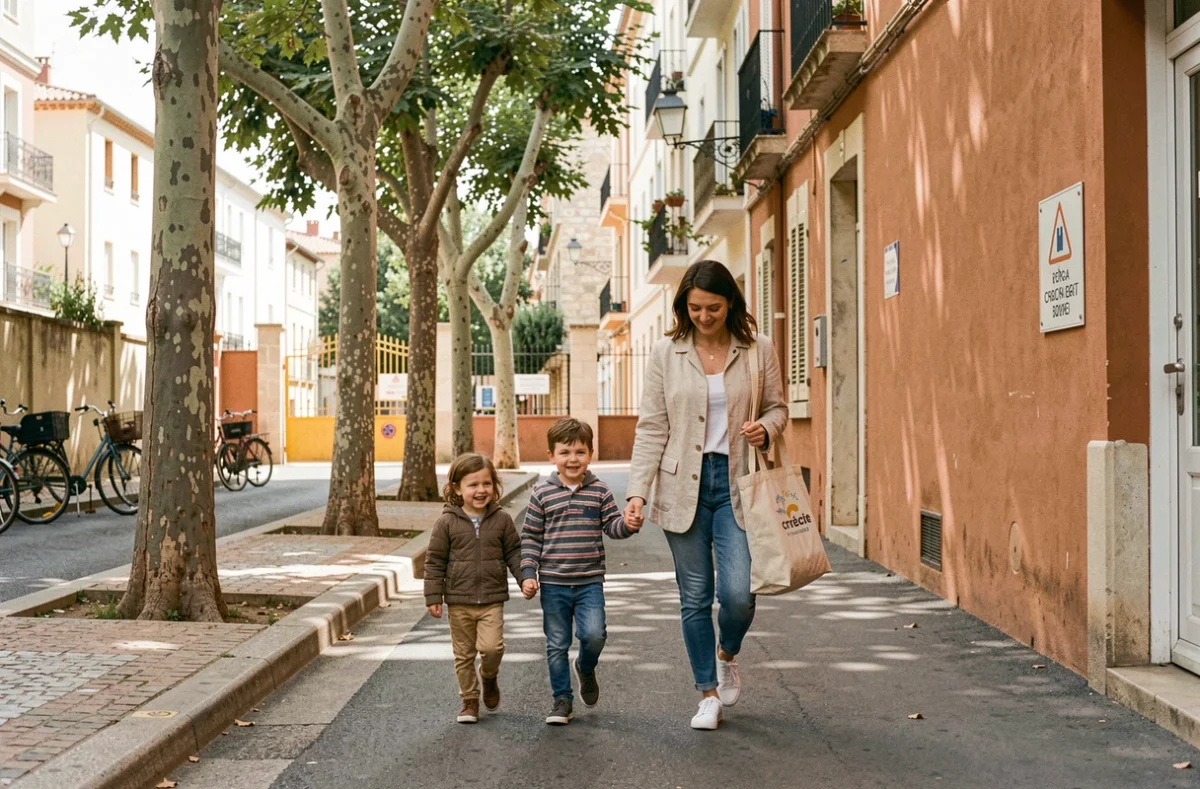Mère de famille avec ses enfants devant une école de Marseille dans un quartier résidentiel animé