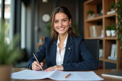 Femme d'affaires souriante dans un bureau moderne