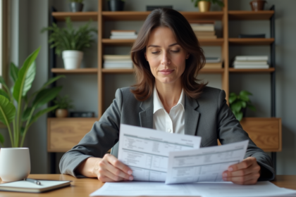 Femme d'affaires examinant des documents fiscaux dans son bureau