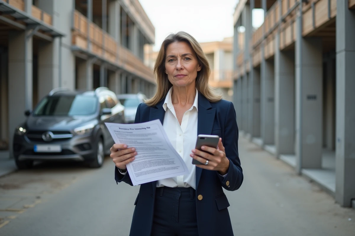 Femme consultant les retours clients sur son téléphone devant un chantier de construction résidentiel