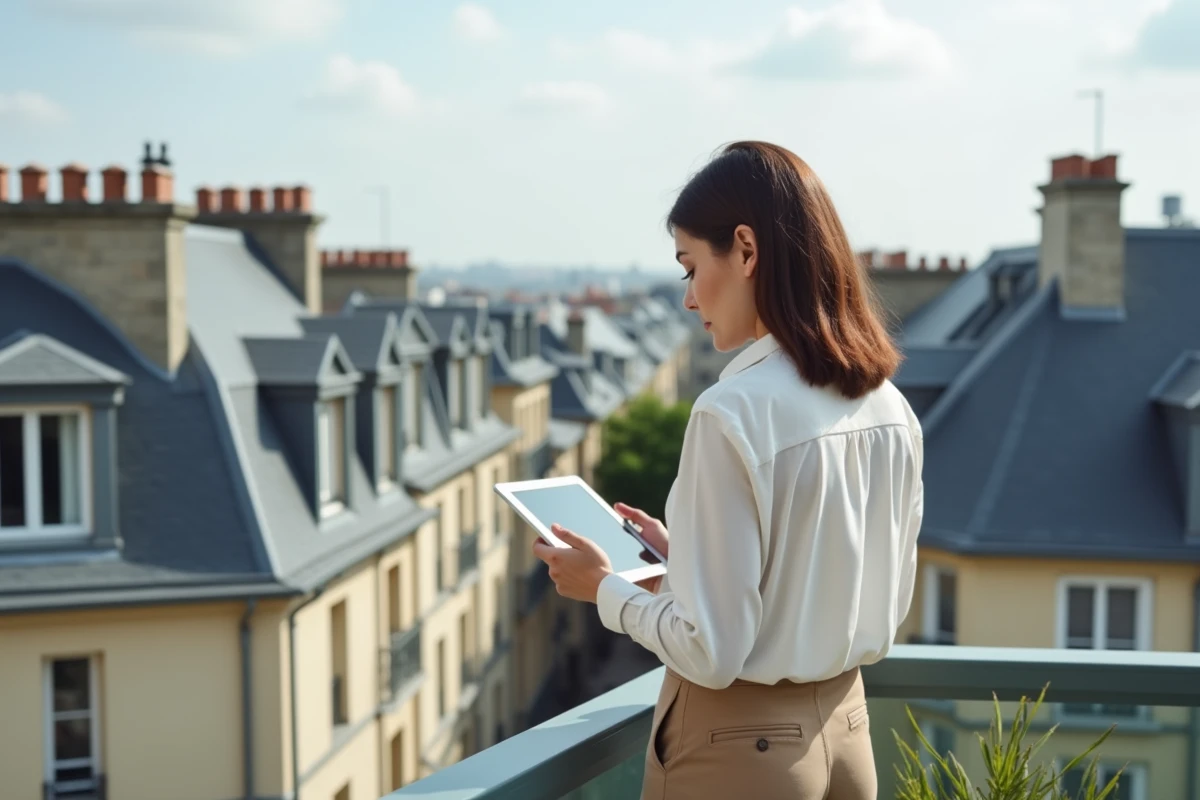 Femme avec tablette sur balcon d un appartement urbain
