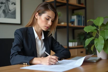 Femme professionnelle lisant une lettre dans un bureau moderne
