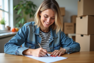 Femme souriante remplissant un formulaire de changement d'adresse dans la cuisine