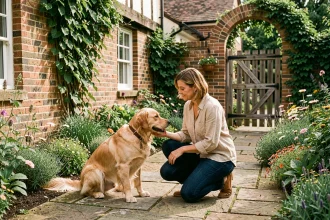 Femme avec son chien golden retriever dans le jardin d'une petite maison normande à louer acceptant les animaux dans l'Eure