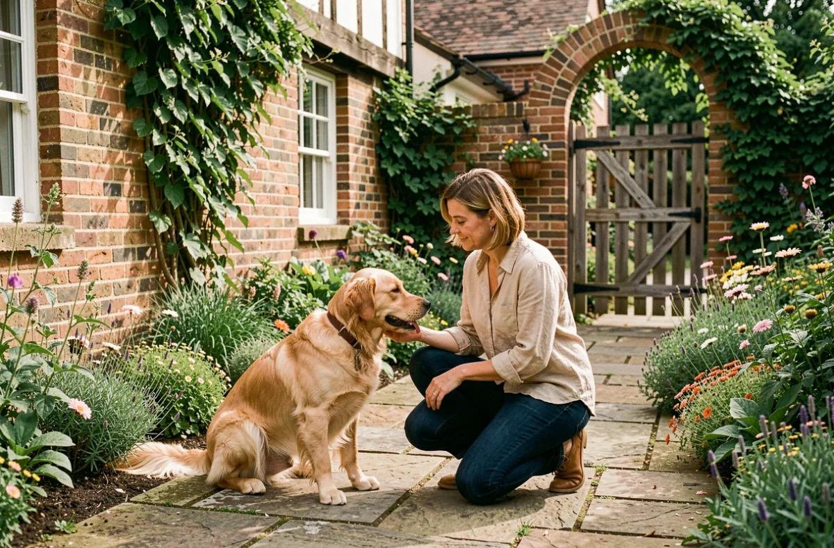 Femme avec son chien golden retriever dans le jardin d'une petite maison normande à louer acceptant les animaux dans l'Eure