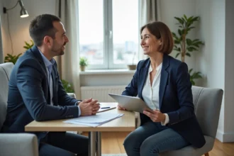 Femme discutant de logement avec conseiller dans un salon moderne