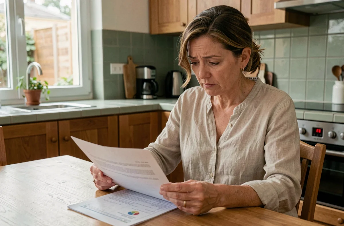 Femme lisant un contrat d'assurance habitation à une table de cuisine dans un appartement moderne