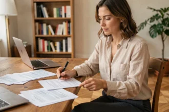 Femme consultant son contrat d'assurance multirisque habitation MACSF à domicile