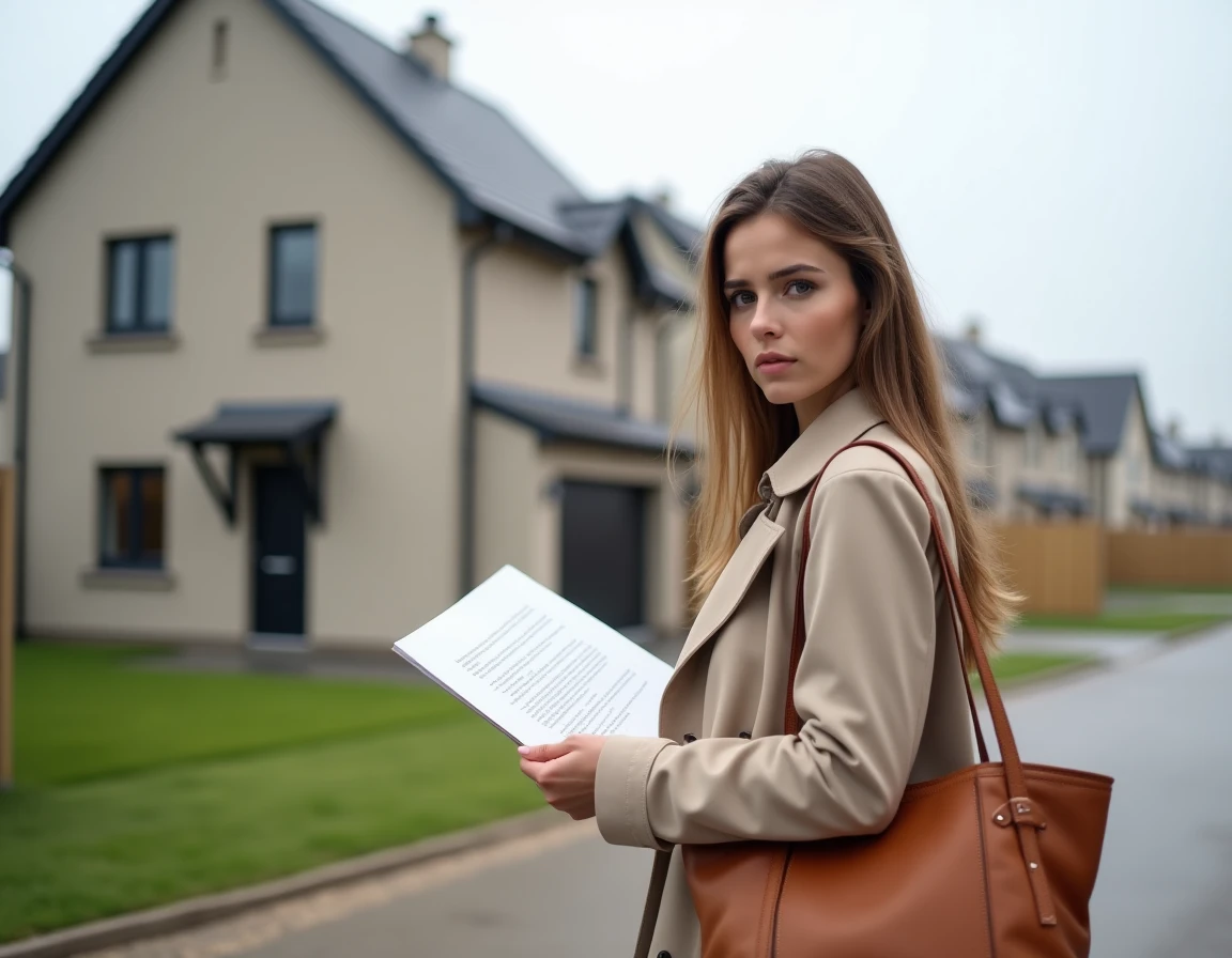 Femme examinant un contrat de construction devant un pavillon neuf dans un lotissement