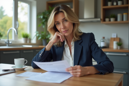 Femme en blazer examinant un document de prêt immobilier