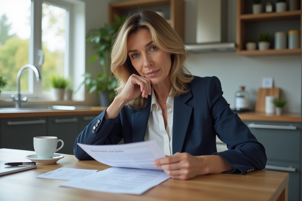 Femme en blazer examinant un document de prêt immobilier