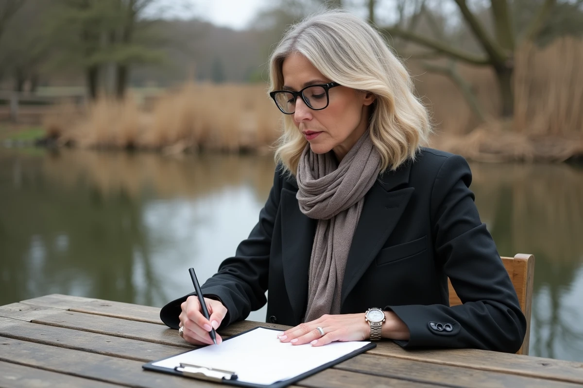 Femme professionnelle examinant un contrat au bord du plan d