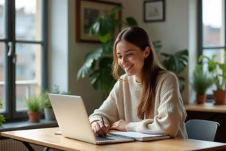 Jeune femme prenant des notes dans une cuisine moderne