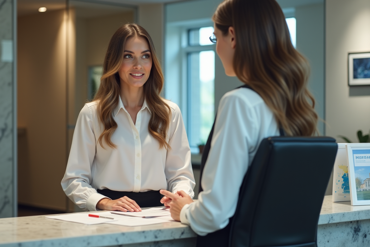 Jeune femme discutant avec un conseiller financier au guichet bancaire