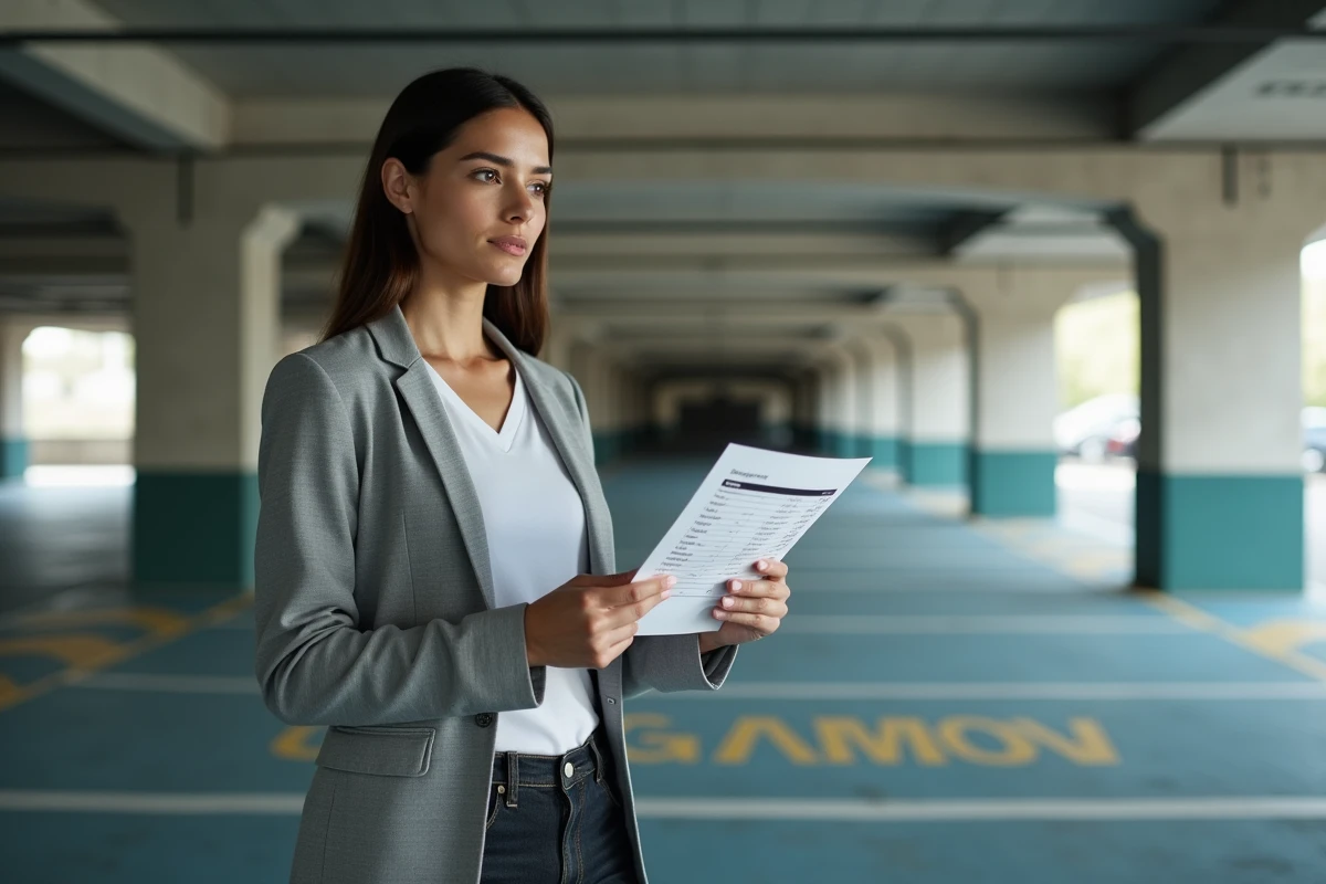 Femme consultant un document de frais de notaire dans un parking souterrain