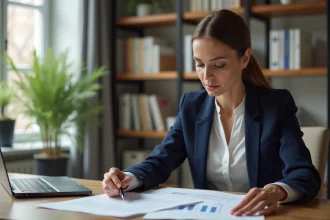Femme consultant des documents de prêt immobilier sur un bureau avec ordinateur portable, illustrant une demande d'emprunt de 200 000 euros avec des crédits en cours