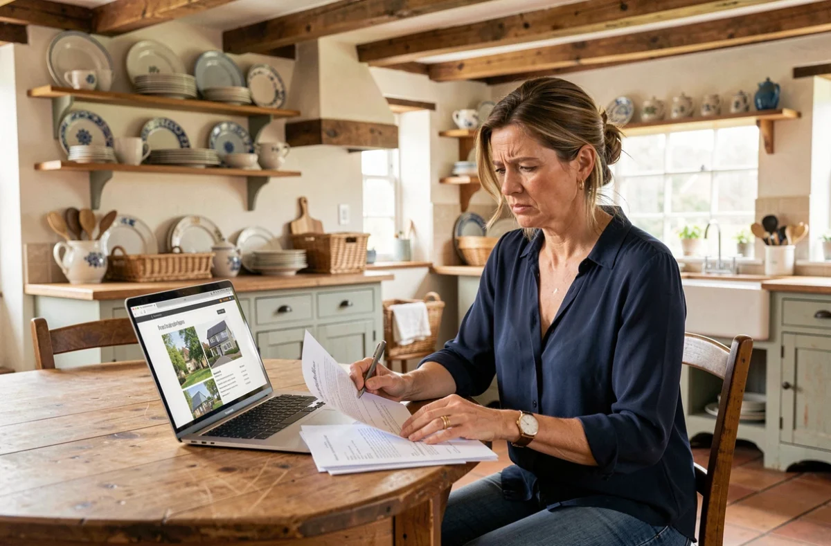 Femme consultant des documents immobiliers pour vendre rapidement sa maison dans le Calvados suite à un divorce, intérieur normand traditionnel