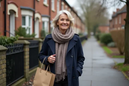 Femme en trench et sac réutilisable dans une rue calme
