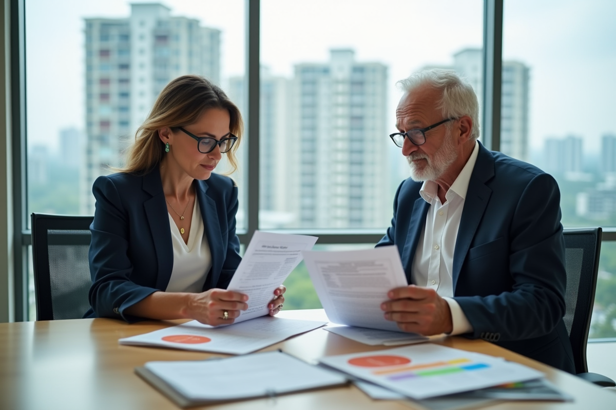 Femme d'âge moyen et homme âgé discutant documents d'assurance