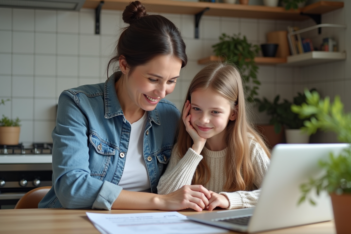 Femme et fille souriantes discutant de prêt immobilier sur un ordinateur