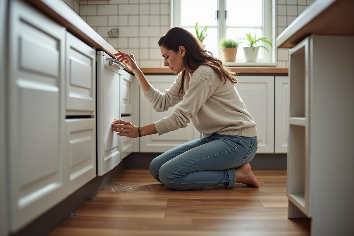 Femme examinant une fuite d'eau sous l'évier de cuisine