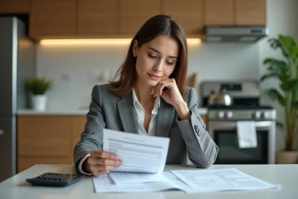 Femme d'affaires étudie ses factures d'électricité dans une cuisine moderne