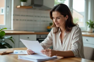 Femme d'âge moyen triant documents immobiliers dans la cuisine