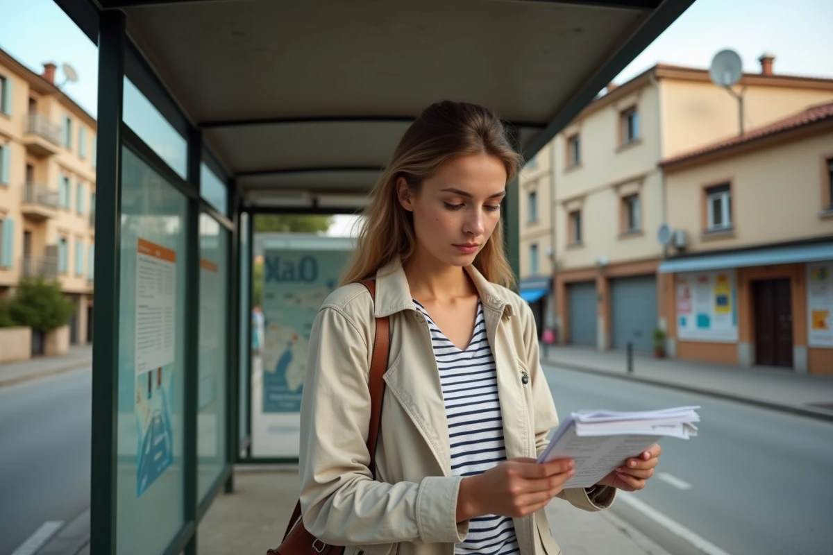 Femme consultant un guide de Montpellier à un arrêt de bus dans un quartier urbain dense