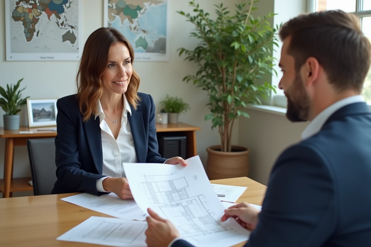 Femme examinant des plans immobiliers avec un agent dans un bureau lumineux