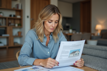 Femme d'âge moyen examinant des documents immobiliers à la maison
