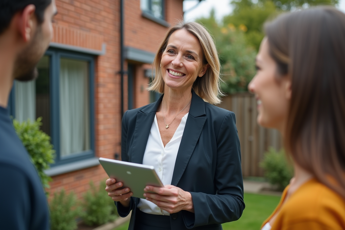 Femme professionnelle discutant de travaux avec un couple devant une maison