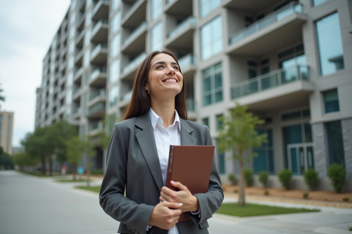 Jeune femme souriante devant un immeuble neuf en immobilier