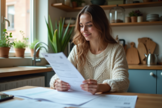 Jeune femme lisant des documents d'assurance dans sa cuisine
