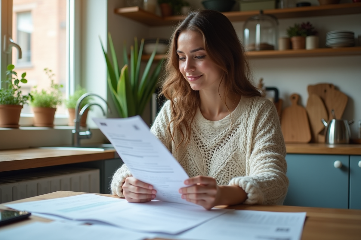 Jeune femme lisant des documents d'assurance dans sa cuisine