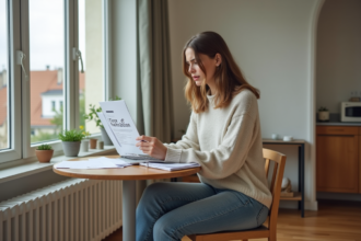 Jeune femme lisant un document taxe d'habitation dans son appartement