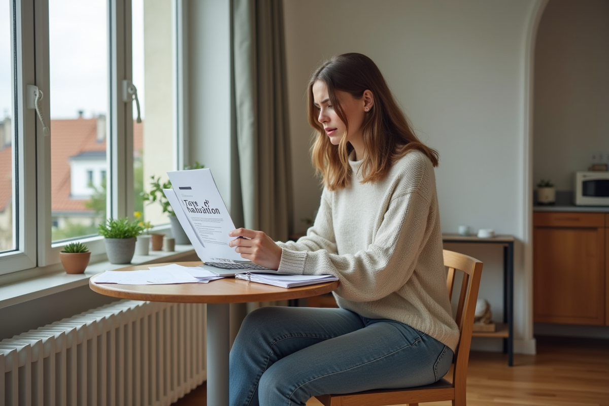 Jeune femme lisant un document taxe d'habitation dans son appartement