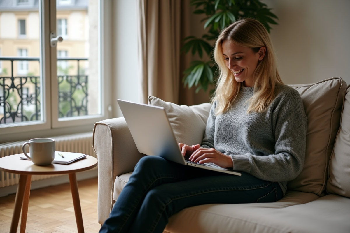 Femme assise sur un canapé avec ordinateur portable
