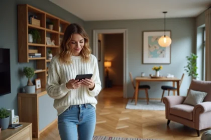 Femme dans un salon moderne utilisant une tablette