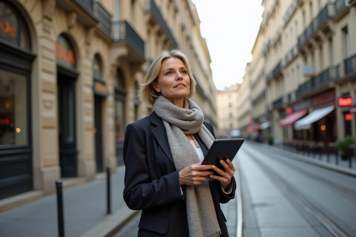 Femme d affaires regardant les bâtiments historiques dans la rue de Lyon