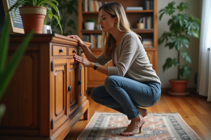 Femme d'âge moyen polissant un meuble en bois dans un salon chaleureux