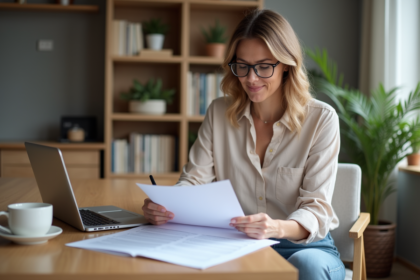Femme examinant des documents de prêt hypothécaire à la maison