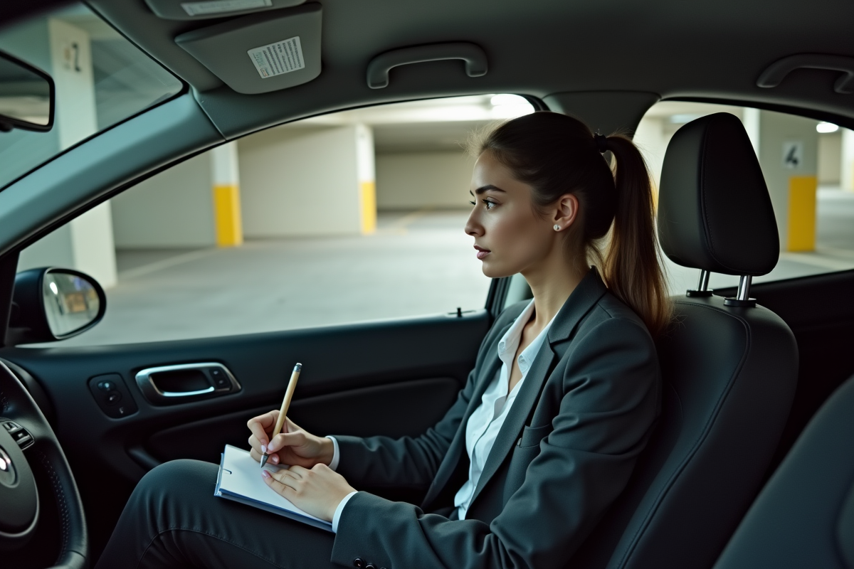Jeune femme en voiture écrivant sur un carnet dans un parking